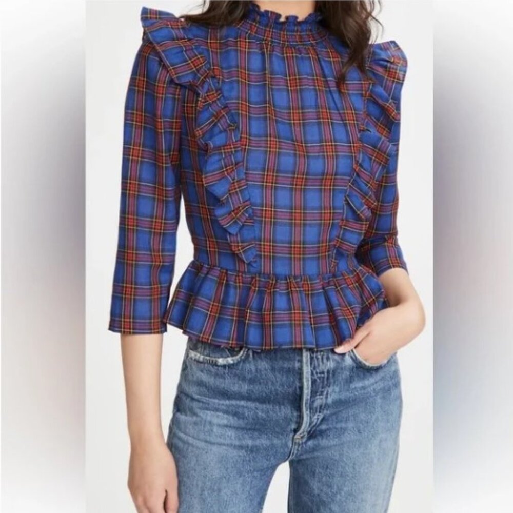 English Factory Plaid Ruffle Peplum Top Large